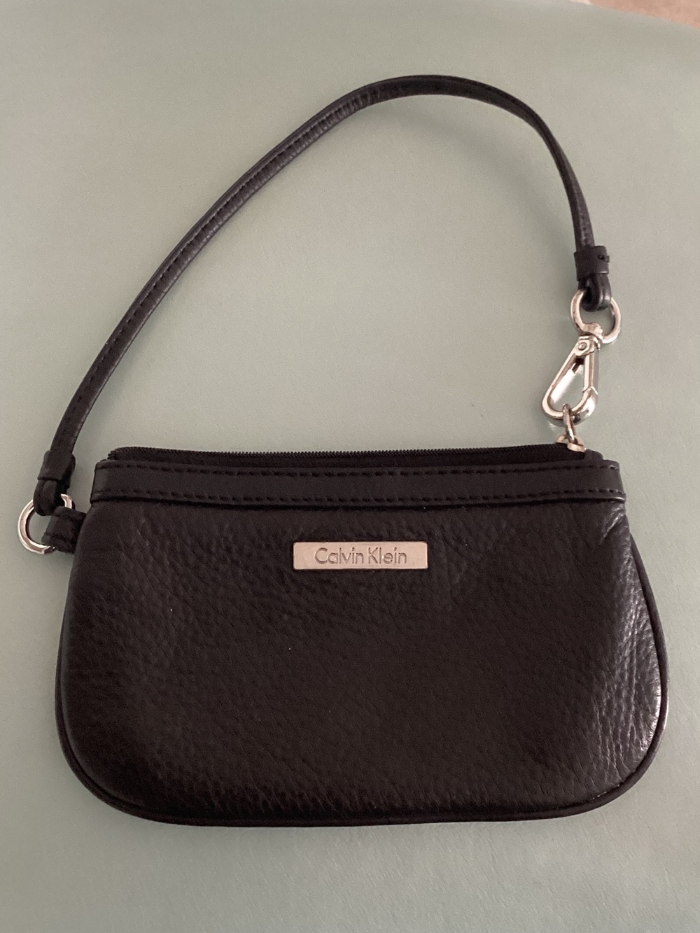 Calvin Klein Black Leather Wristlet Clutch with Silver Hardware